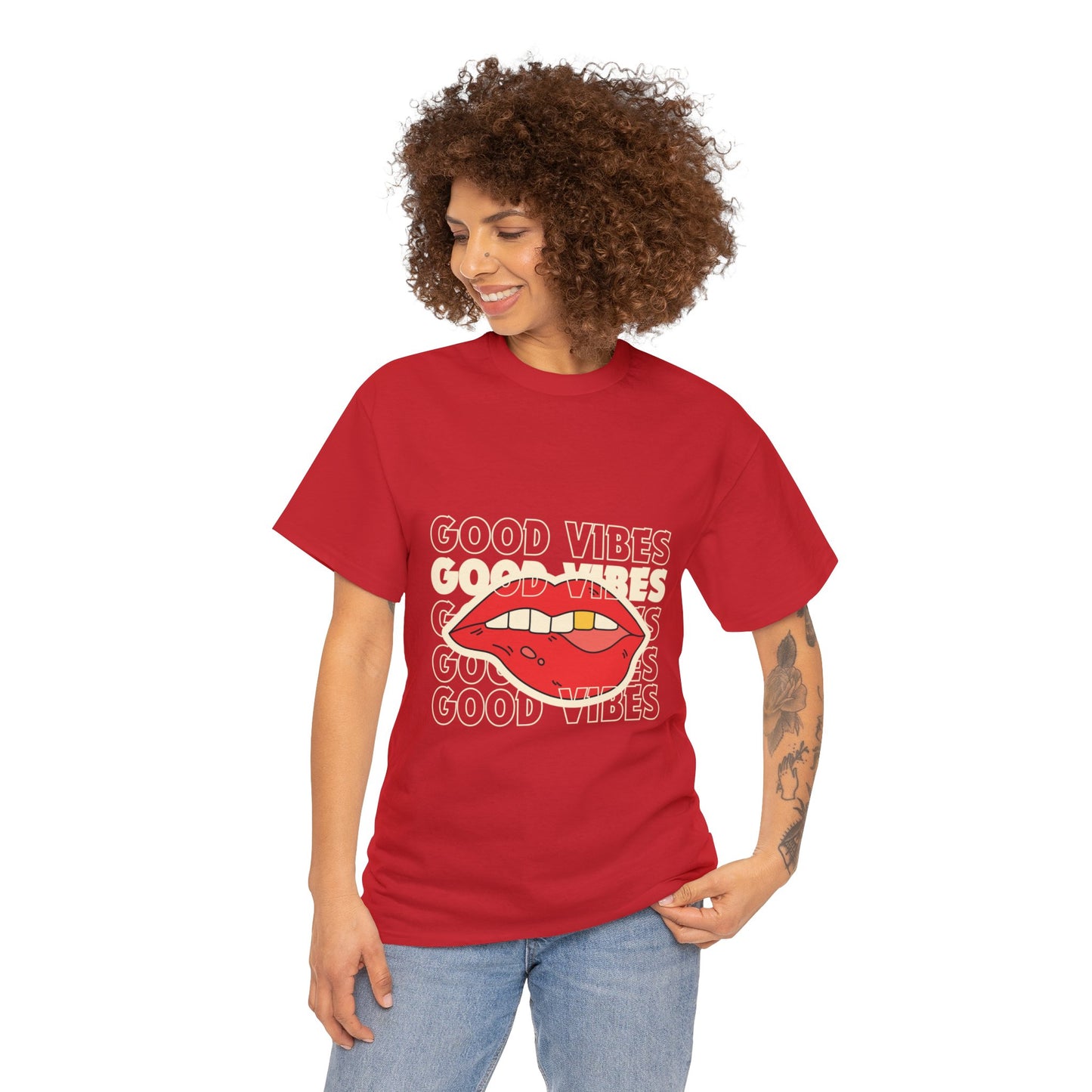 Unisex Good Vibes and Lips Heavy Cotton Tee. Black and Red Available