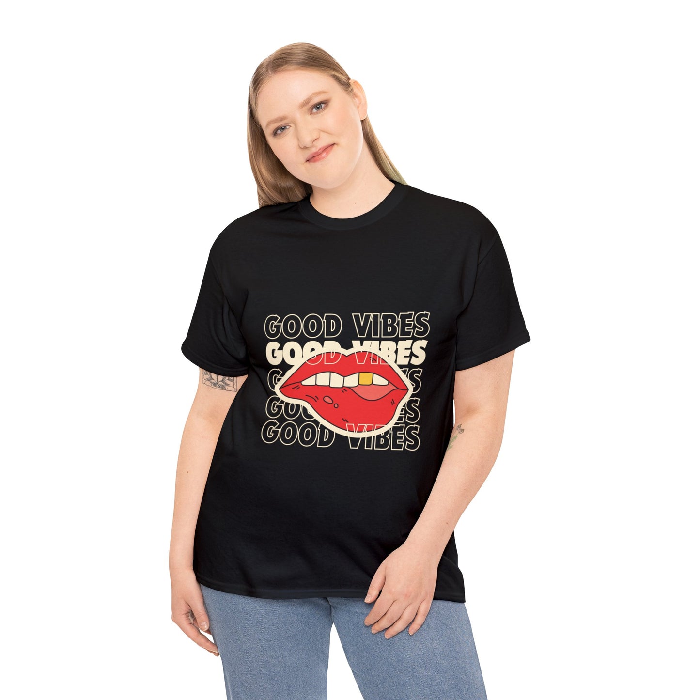 Unisex Good Vibes and Lips Heavy Cotton Tee. Black and Red Available