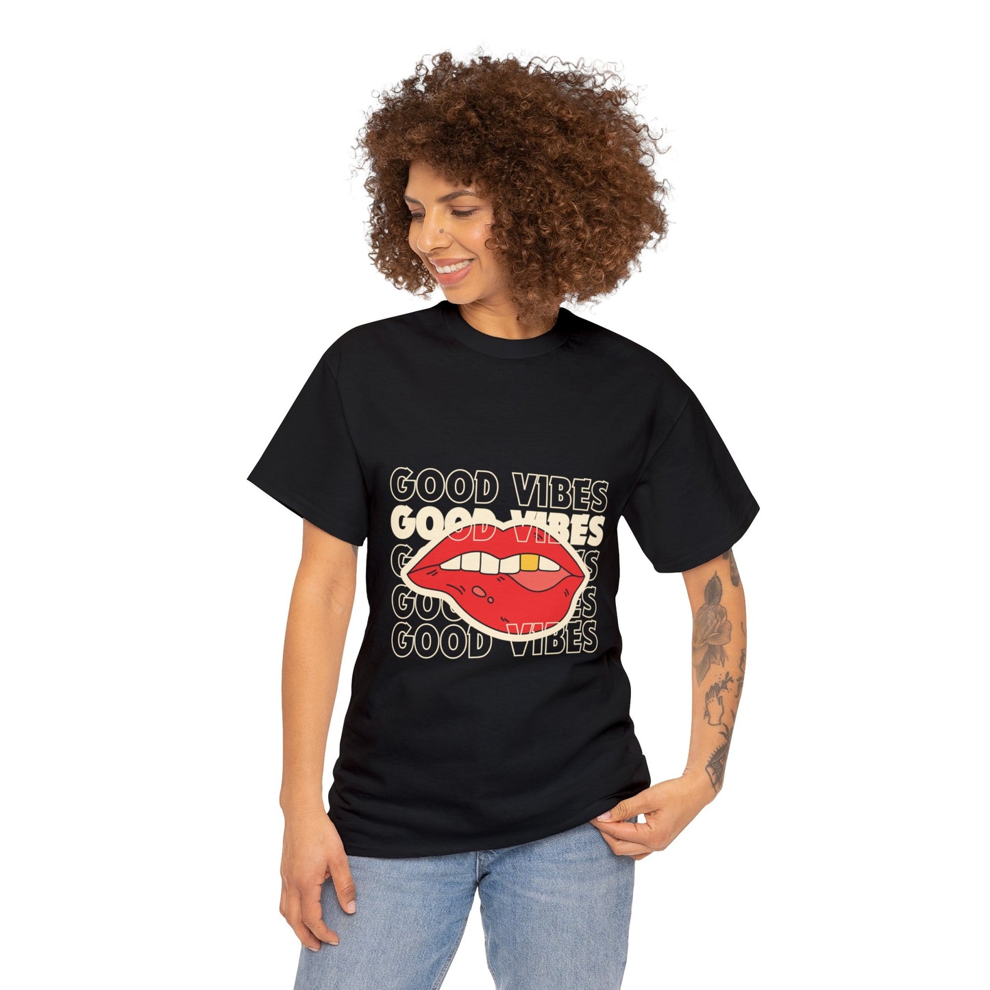 Unisex Good Vibes and Lips Heavy Cotton Tee. Black and Red Available