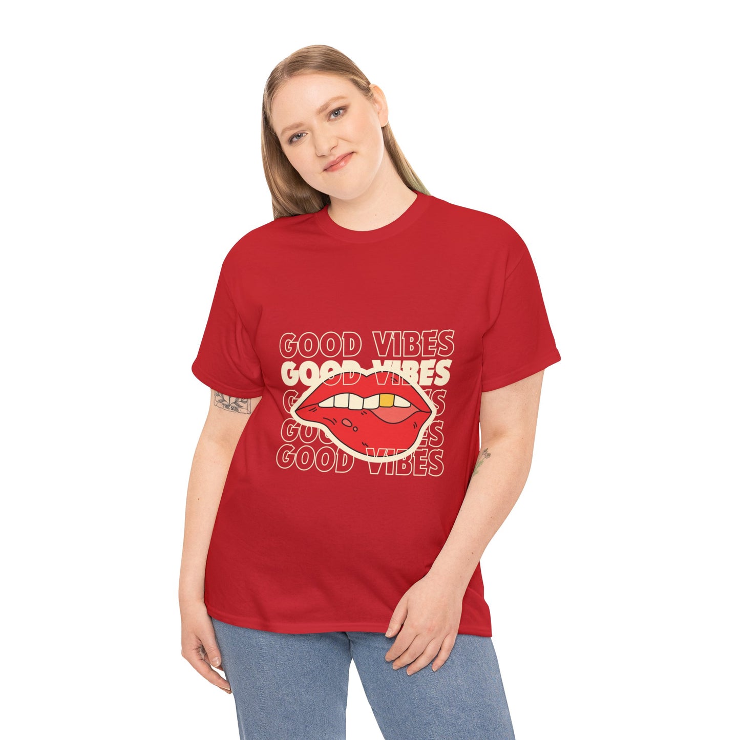 Unisex Good Vibes and Lips Heavy Cotton Tee. Black and Red Available