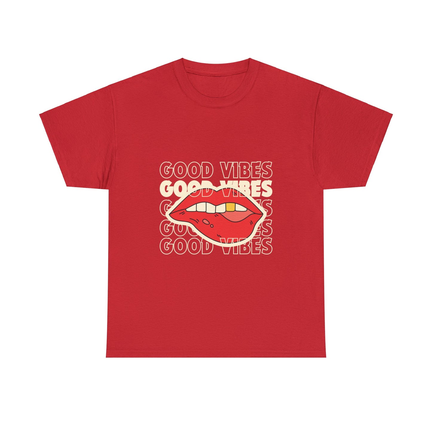 Unisex Good Vibes and Lips Heavy Cotton Tee. Black and Red Available