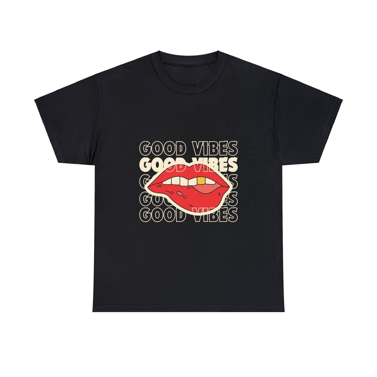 Unisex Good Vibes and Lips Heavy Cotton Tee. Black and Red Available